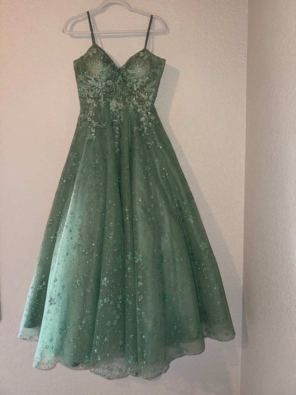 B Darlin Green Spaghetti-Strap Embroidered Tulle Gown